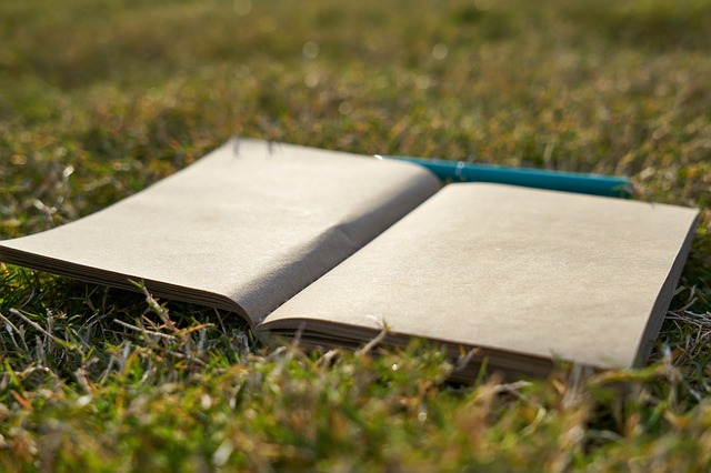 Cuaderno de páginas blancas con una pluma para escribir, colocados sobre hierba verde