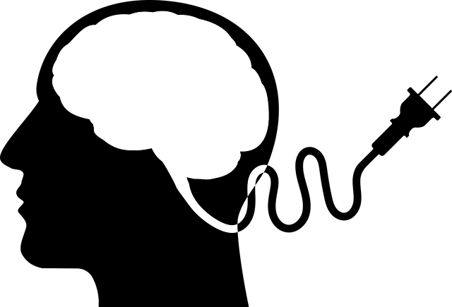 Silueta cabeza humana acabada en un enchufe que sale del cerebro