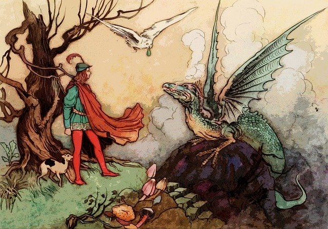 Ilustración de caballero con un dragón