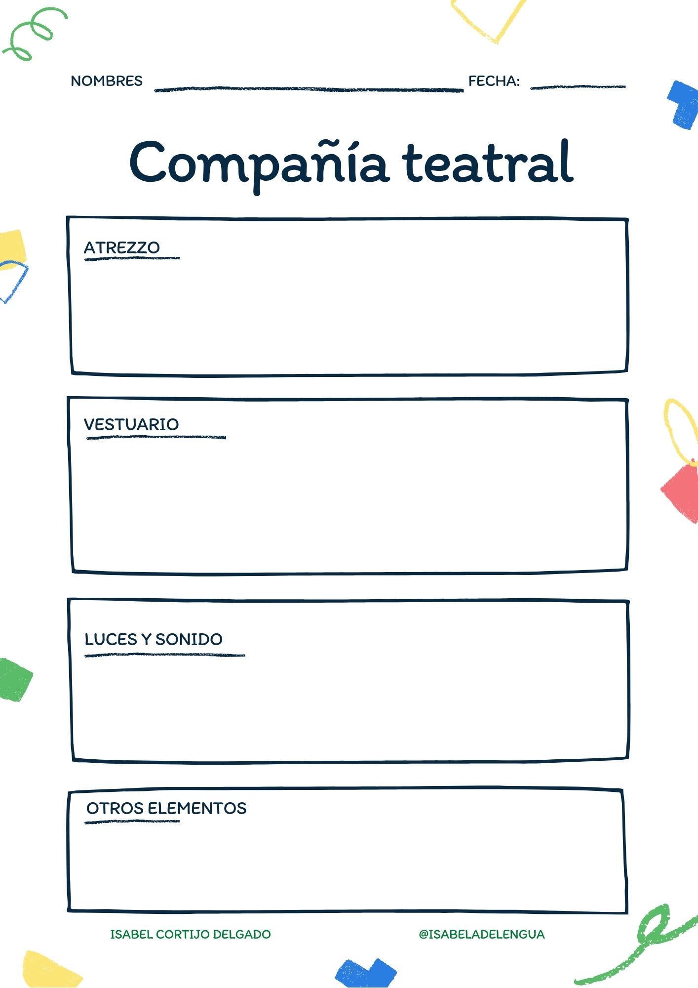 Ficha con cuadros para hacer la lista de elementos de atrezzo, vestuario, luces y sonido de nuestra compañía teatral.