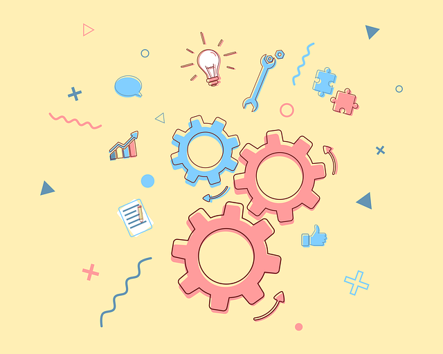 Gears Ilustración con diversos elementos: engranajes, una bombilla, herramientas, etc.