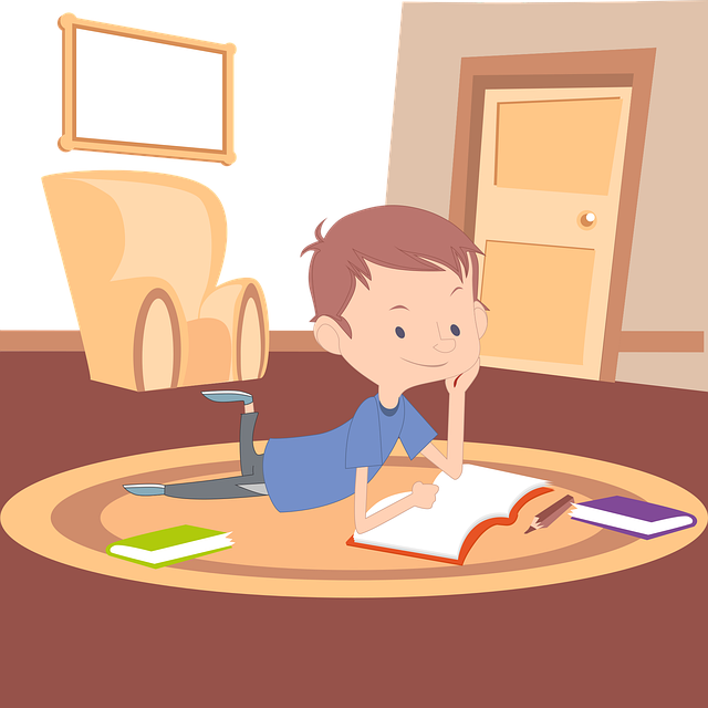 Niño estudiando Avatar Little Ilustración en la que aparece un niño leyendo un libro en el salón de su casa.