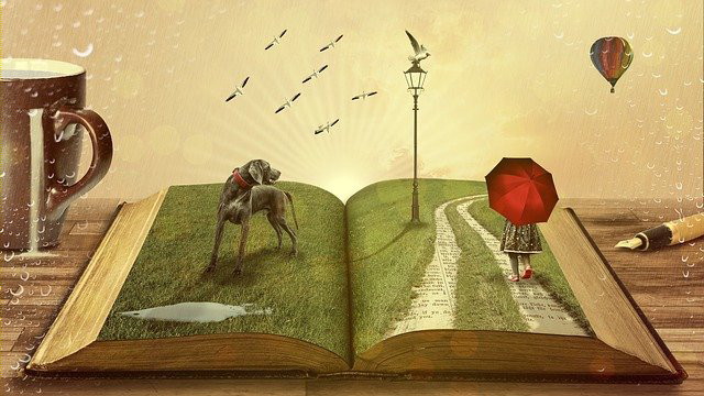 Ilustración de un libro abierto del que salen varios objetos.