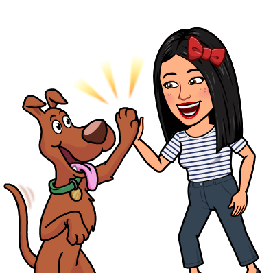 Dibujo de un emoticono de Silvia chocándole la mano a un perro, hecho con la aplicación Bitmoji.