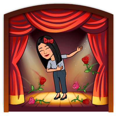 Dibujo del emoticono de Silvia haciendo una reverencia en un teatro donde le están tirando flores, creado con la aplicación Bitmoji.