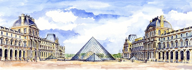 Museo del Louvre Ilustración de una calle con el Museo del Louvre en el centro