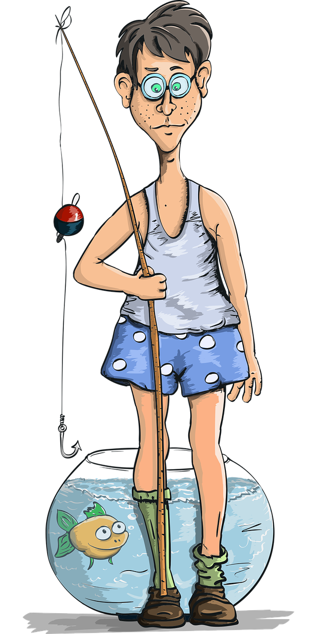 Caricatura de un joven dispuesto a pescar