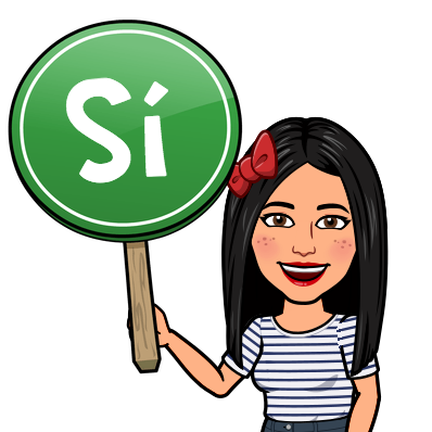 Dibujo del avatar de Silvia, hecho con la aplicación Bitmoji, con una paleta levantada de color verde que se puede leer la palabra "sí"