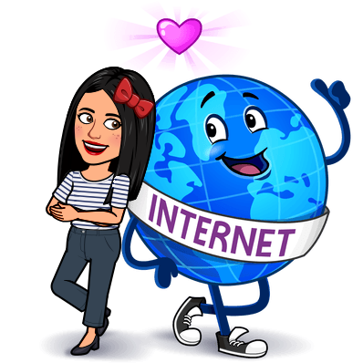 Avatar de silvia con una bola del mundo en la que se lee "internet" creada con la aplicación Bitmoji
