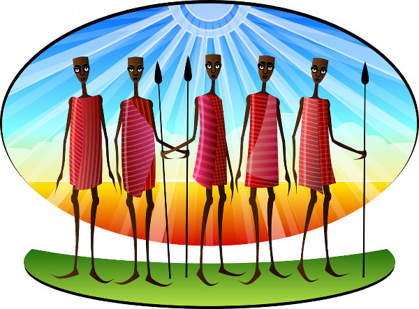 Dibujo con la silueta de unas personas con lanza. Representan un grupo del mismo origen o tribu.