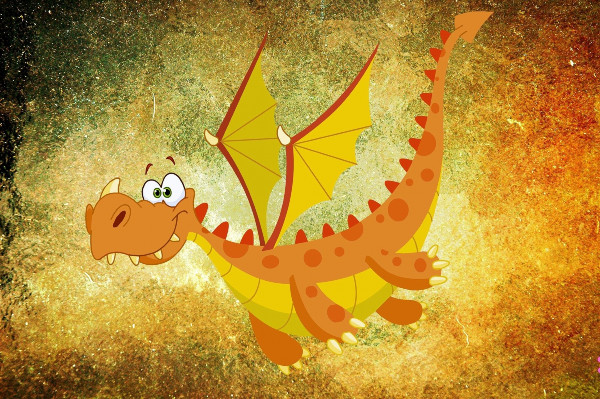 Dibujo de un dragón verde sonriendo.
