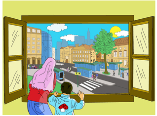 Mi madre y yo estamos mirando por la ventana