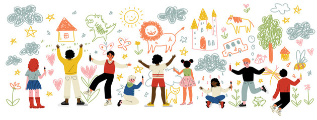 Niños y elementos de paisaje dibujo de elementos de un paisaje y diferentes niños de espalda