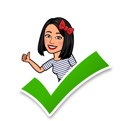 Emoji, creado con la aplicación bitmoji, de Silvia con un tick en verde